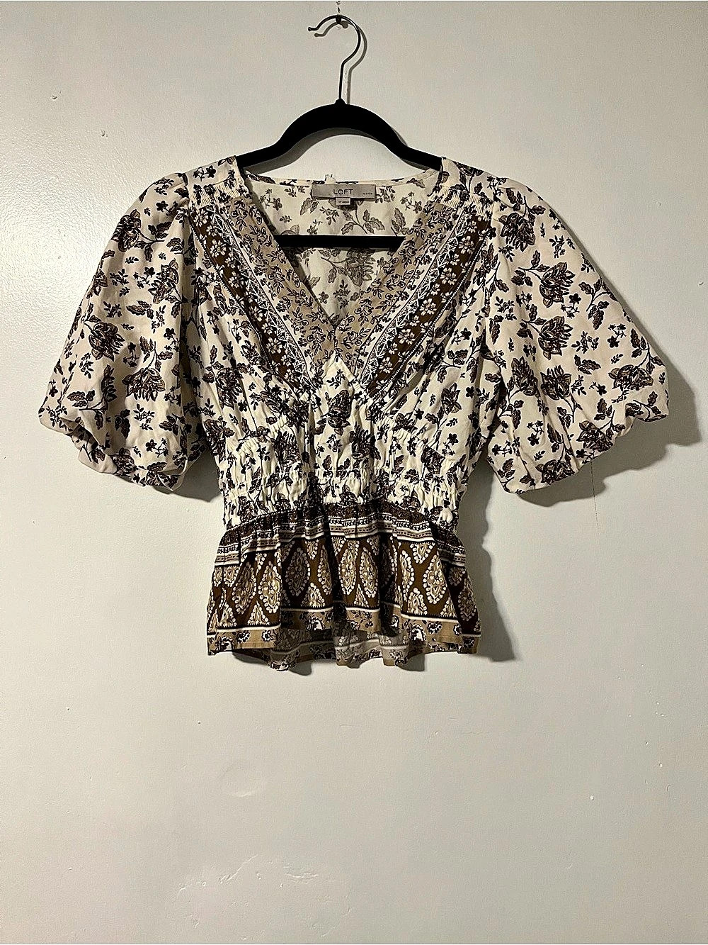 LOFT Floral Peplum BOHO Blouse in Brown & Cream Small